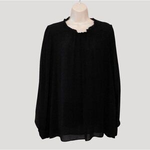 Worthington Sheer Blouse Womens XL Black Ruffled Neckline Long Sleeve Polyester